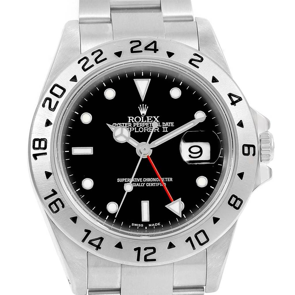 This image shows a front view of the Rolex Explorer 16570 Men's Stainless Steel Black Dial 16570 Men's Stainless Steel Black Dial watch, featuring its dial, bezel, and part of the bracelet.