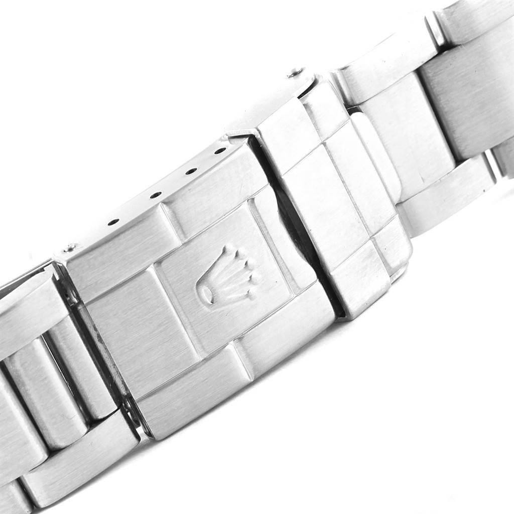 This image shows the clasp and bracelet of a Rolex Explorer 16570 Men's Stainless Steel Black Dial 16570 Men's Stainless Steel Black Dial watch, featuring the brand's logo.