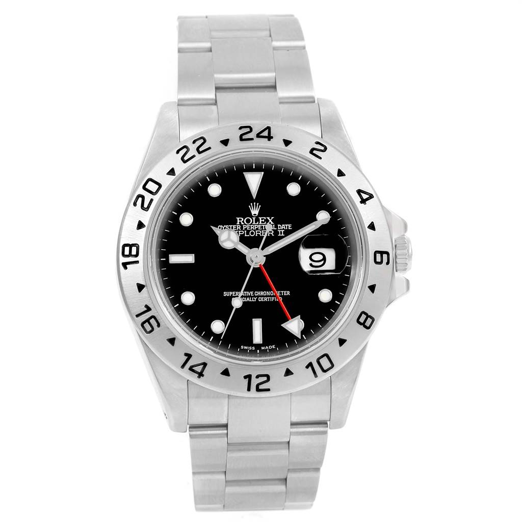 This image shows a front view of a Rolex Explorer 16570 Men's Stainless Steel Black Dial 16570 Men's Stainless Steel Black Dial watch, highlighting the dial, bezel, and bracelet.