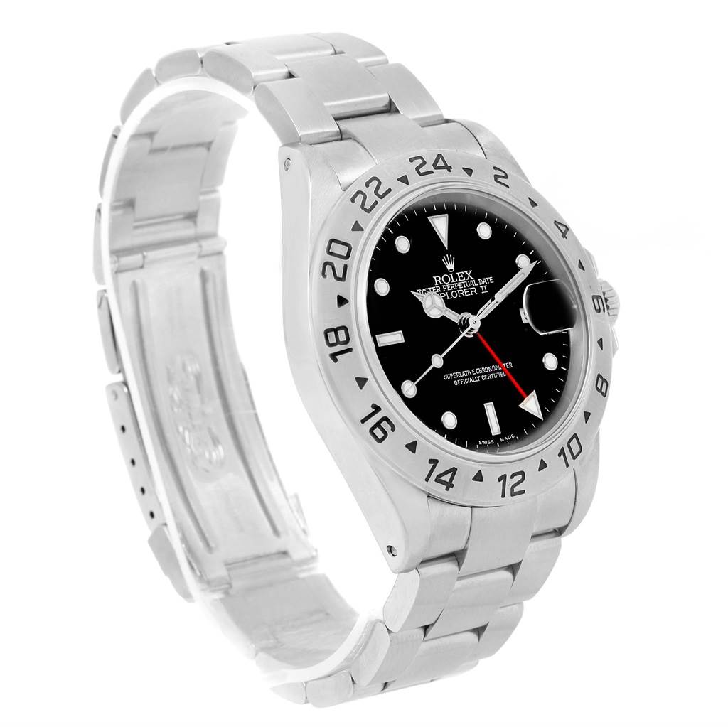 The Rolex Explorer 16570 Men's Stainless Steel Black Dial 16570 Men's Stainless Steel Black Dial watch is shown at a three-quarter angle, displaying the dial, bezel, and part of the bracelet.