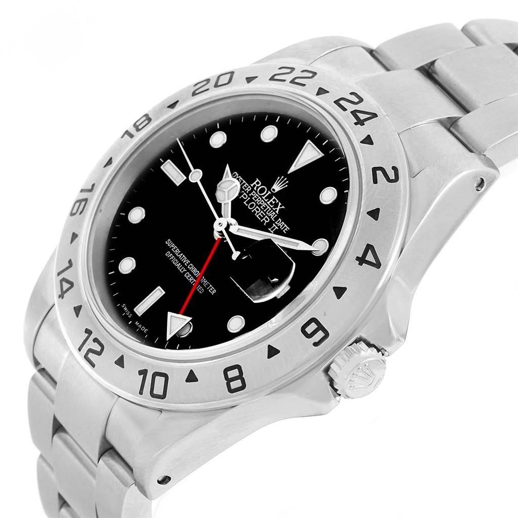 The Rolex Explorer 16570 Men's Stainless Steel Black Dial 16570 Men's Stainless Steel Black Dial watch is shown at a slight angle, displaying its bezel, dial, hands, and part of the bracelet.