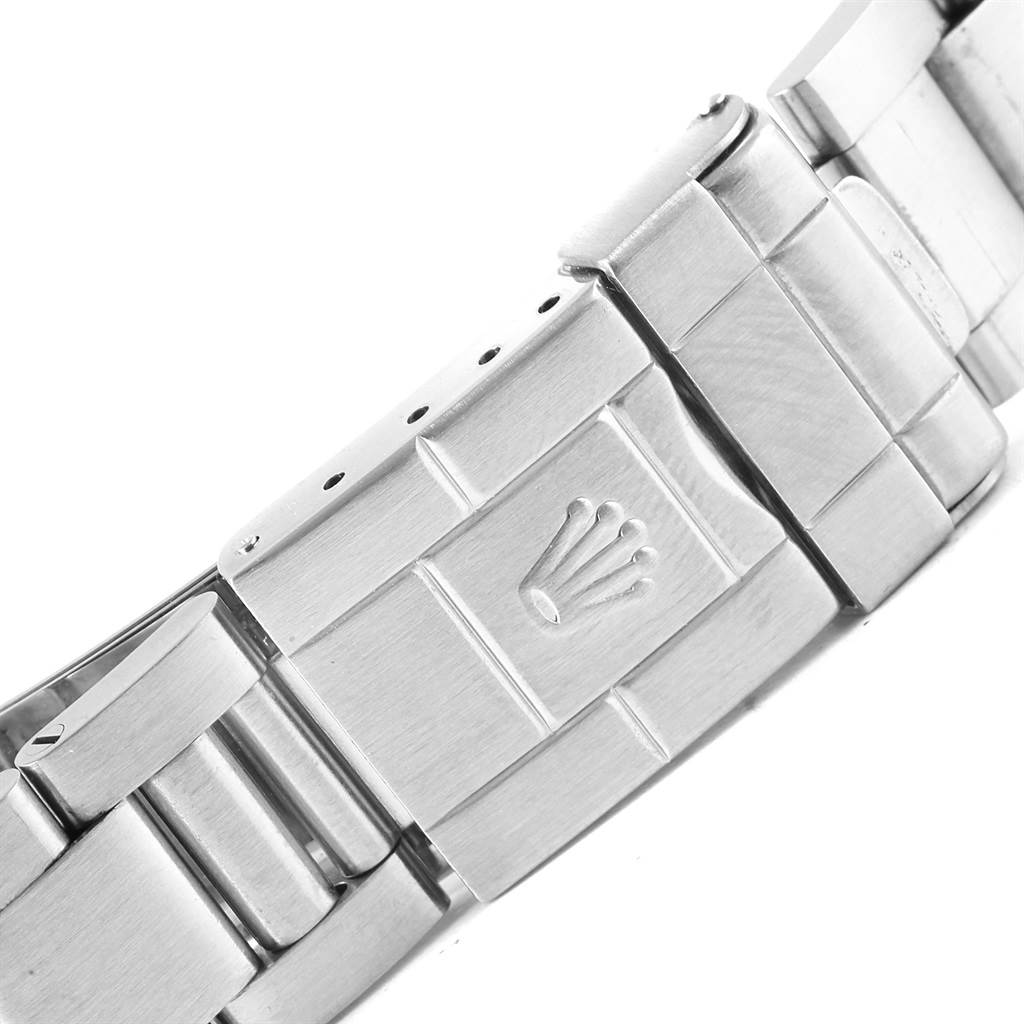 This image shows a close-up of the clasp and part of the bracelet of a Rolex Explorer 14270 Men's Stainless Steel Black Dial 14270 Men's Stainless Steel Black Dial watch.