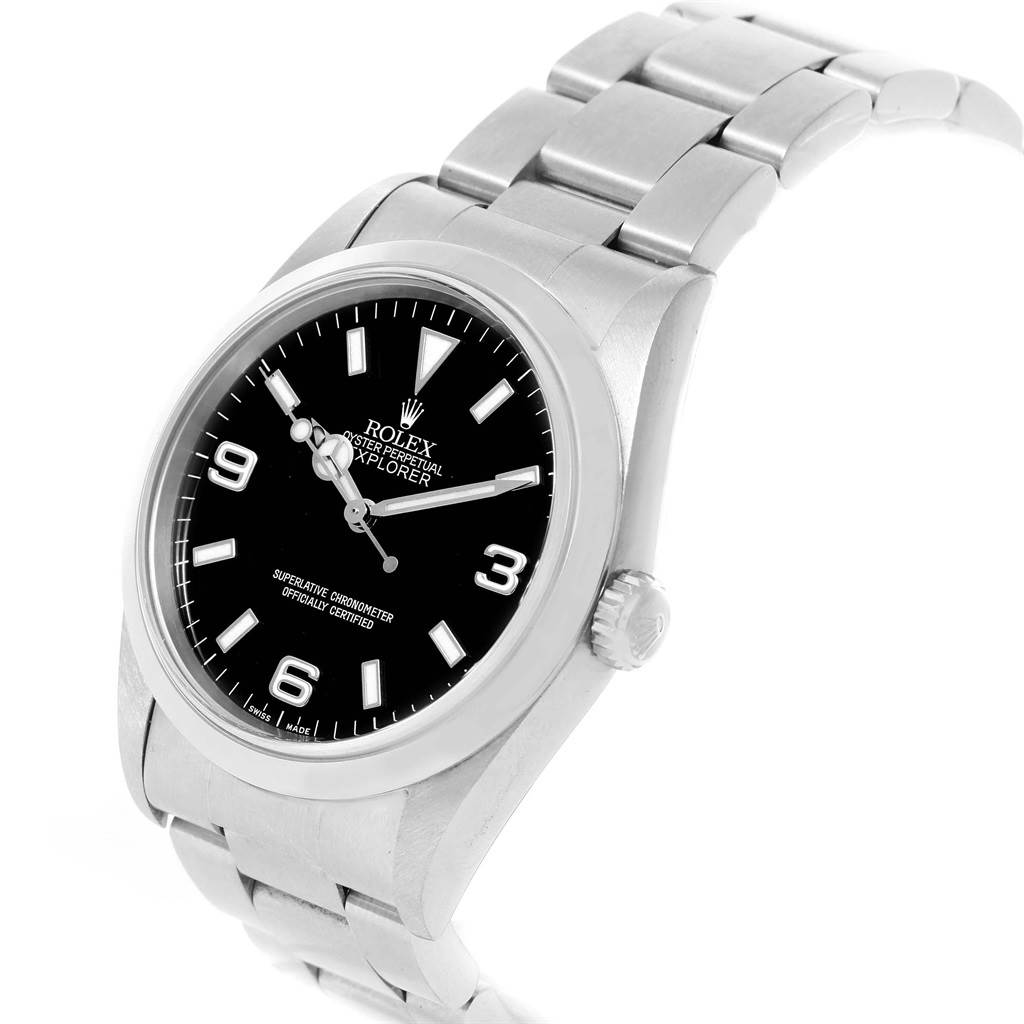 The image shows a side angle of a Rolex Explorer 14270 Men's Stainless Steel Black Dial 14270 Men's Stainless Steel Black Dial, highlighting the black dial, bezel, crown, and part of the bracelet.