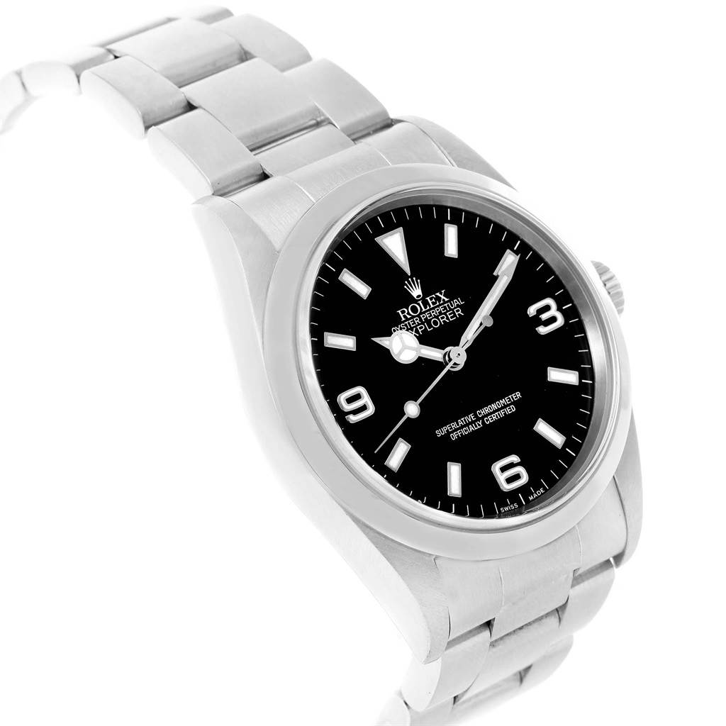 The image shows a Rolex Explorer 14270 Men's Stainless Steel Black Dial 14270 Men's Stainless Steel Black Dial watch at a slight angle, displaying the face, bezel, and part of the bracelet.