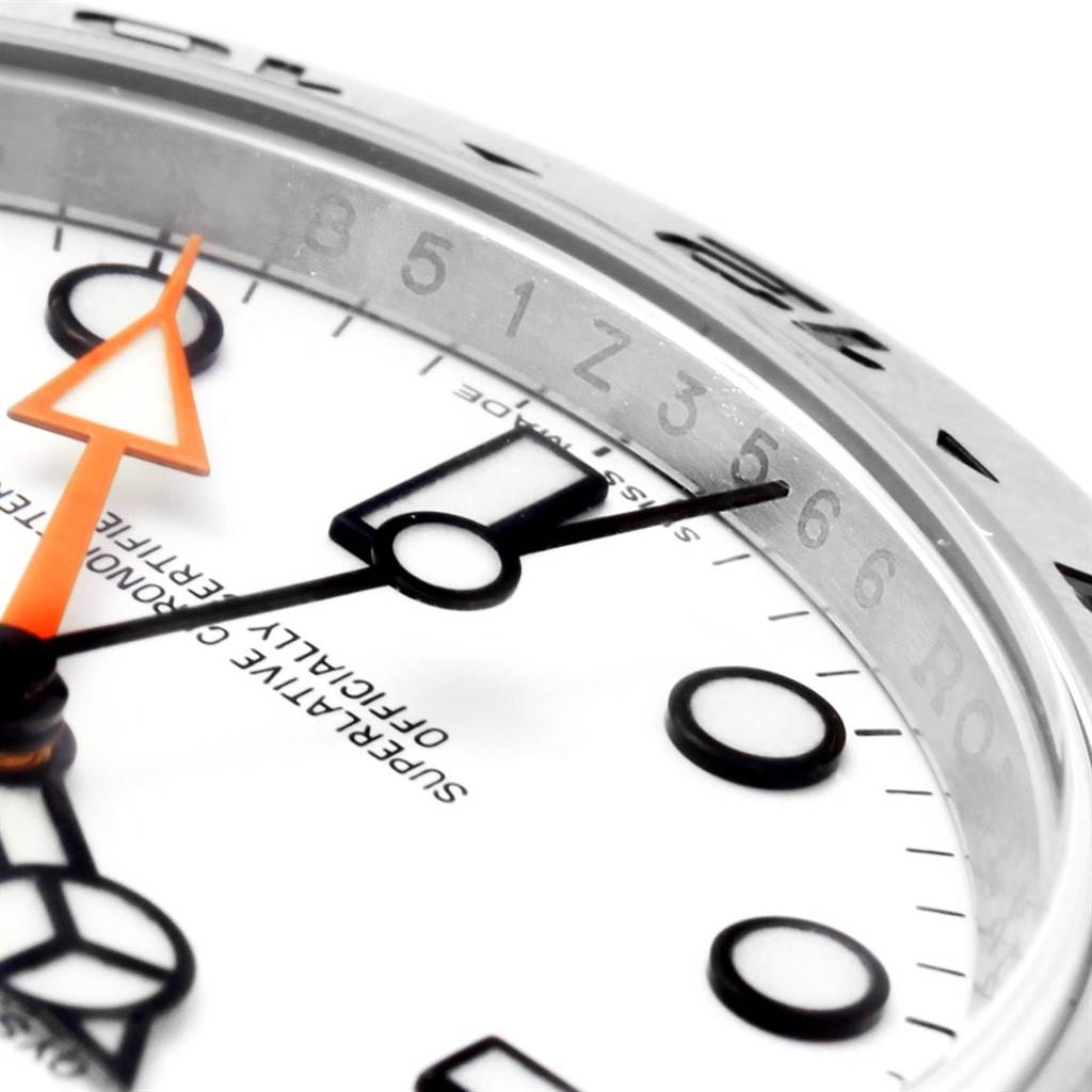 The image shows a close-up view of the dial, hands, and bezel of the Rolex Explorer 216570 Men's Stainless Steel White Dial 216570 Men's Stainless Steel White Dial watch model.