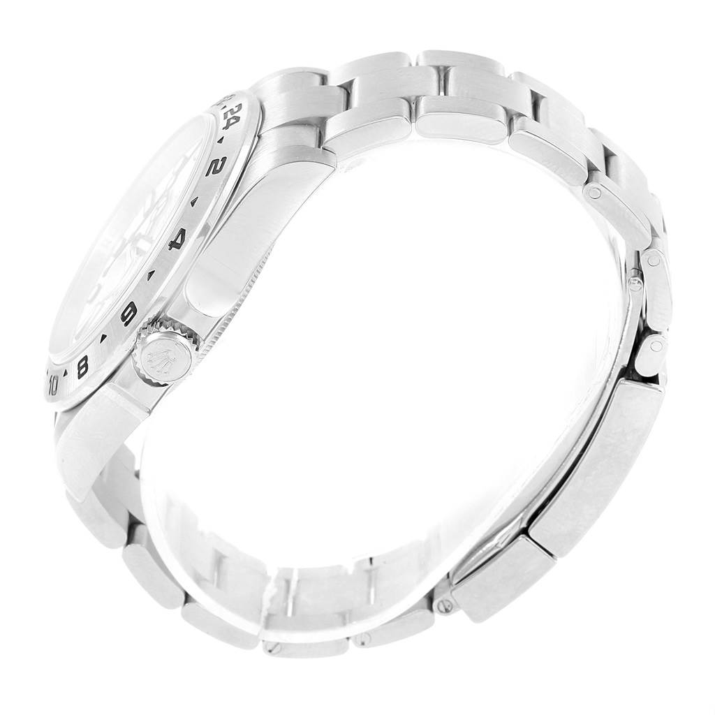 The image shows a side profile view of the Rolex Explorer 216570 Men's Stainless Steel White Dial 216570 Men's Stainless Steel White Dial watch, highlighting the bracelet, bezel, and crown.