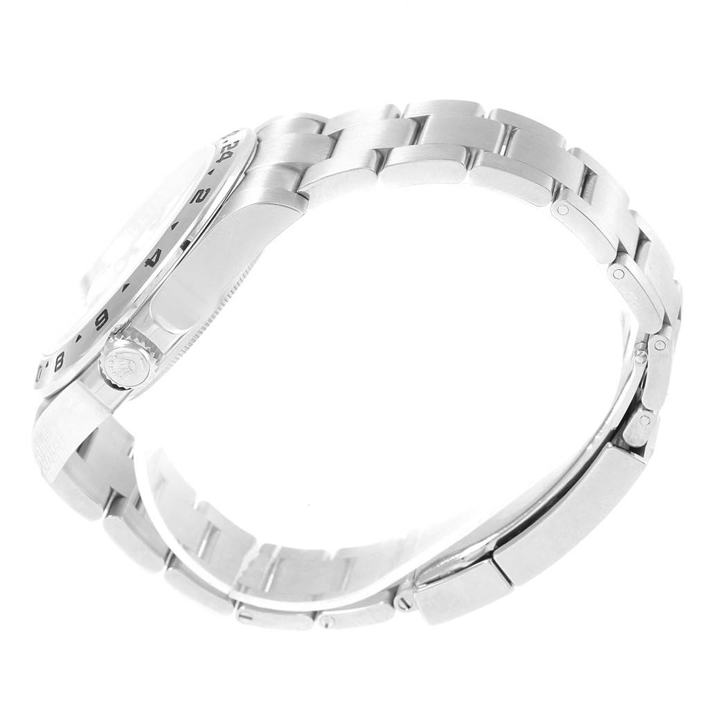 The image shows the side view of a Rolex Explorer 216570 Men's Stainless Steel White Dial 216570 Men's Stainless Steel White Dial watch, highlighting the bracelet, case, and crown.