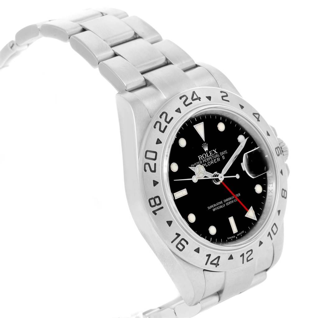 The image shows a side view of a Rolex Explorer 16570 Men's Stainless Steel Black Dial 16570 Men's Stainless Steel Black Dial watch, focusing on the face, bezel, and part of the bracelet.