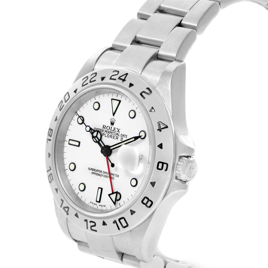 The image shows a Rolex Explorer 16570 Men's Stainless Steel White Dial 16570 Men's Stainless Steel White Dial watch from an angled side view, displaying its white dial, bezel, and silver bracelet.