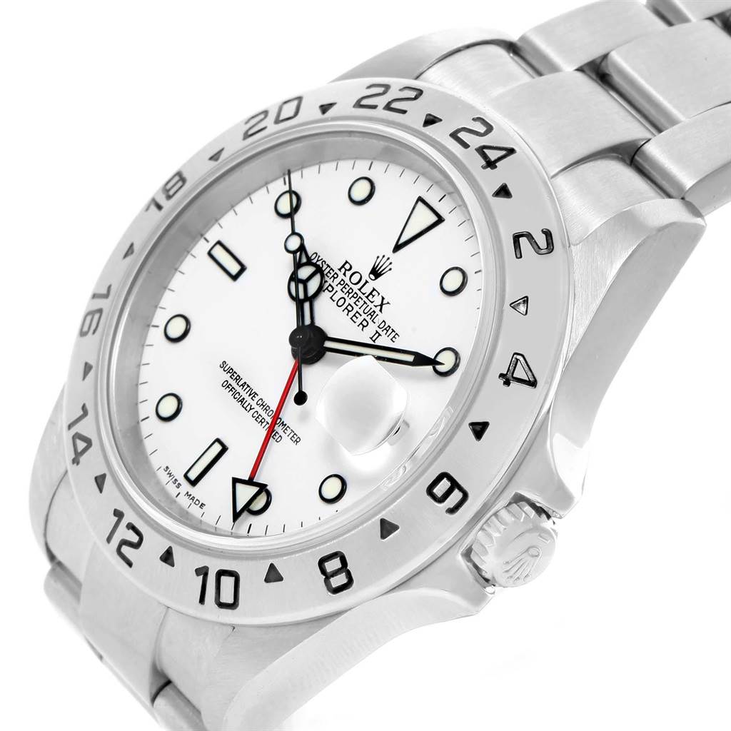 This image shows a close-up side angle of the Rolex Explorer 16570 Men's Stainless Steel White Dial 16570 Men's Stainless Steel White Dial watch, highlighting the dial, bezel, and part of the bracelet.