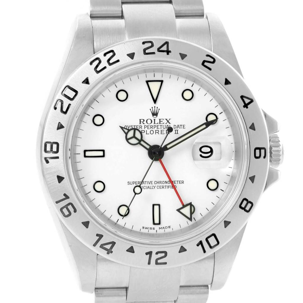 The Rolex Explorer 16570 Men's Stainless Steel White Dial 16570 Men's Stainless Steel White Dial watch is shown from the front, displaying the bezel, dial, hands, crown, and part of the bracelet.
