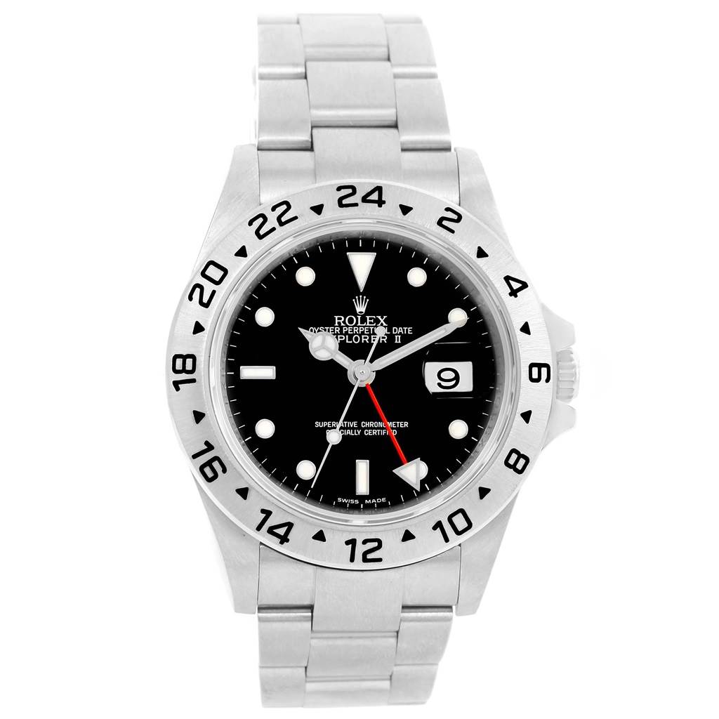 The image shows a front view of the Rolex Explorer 16570 Men's Stainless Steel Black Dial 16570 Men's Stainless Steel Black Dial watch, highlighting the dial, bezel, hands, and bracelet.