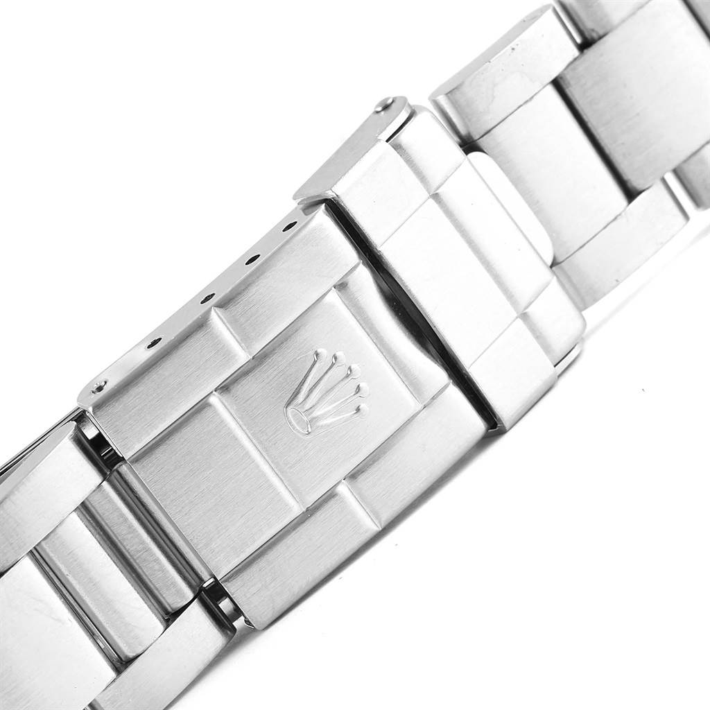 This image shows a close-up of the clasp and part of the bracelet of a Rolex Explorer 16570 Men's Stainless Steel Black Dial 16570 Men's Stainless Steel Black Dial.