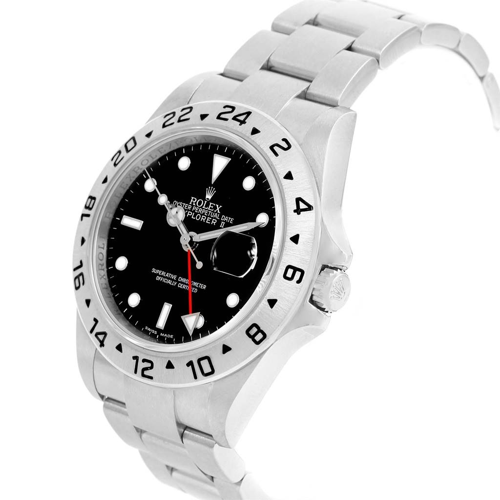 The image shows a side angle of the Rolex Explorer 16570 Men's Stainless Steel Black Dial 16570 Men's Stainless Steel Black Dial watch, featuring the face, bezel, and bracelet.