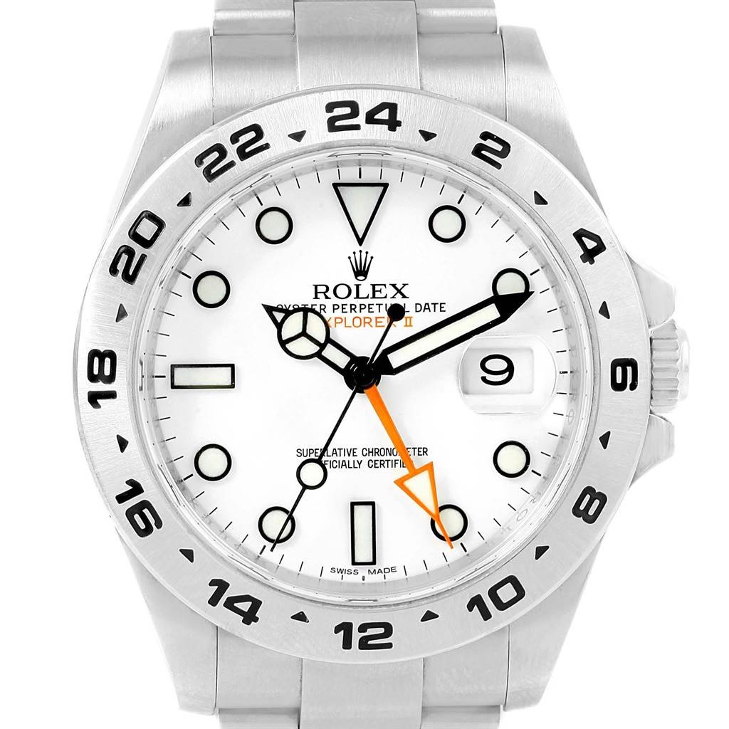 This Rolex Explorer 216570 Men's Stainless Steel White Dial 216570 Men's Stainless Steel White Dial watch is shown from a front angle, displaying its white dial, black numerals, and silver bezel.