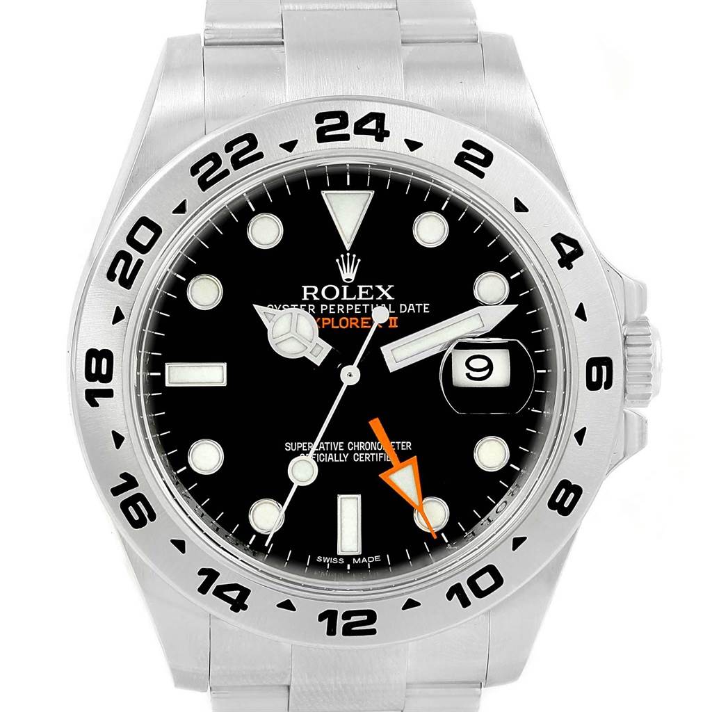 This image shows a front view of a Rolex Explorer 216570 Men's Stainless Steel Black Dial 216570 Men's Stainless Steel Black Dial watch, displaying its face, bezel, and bracelet.