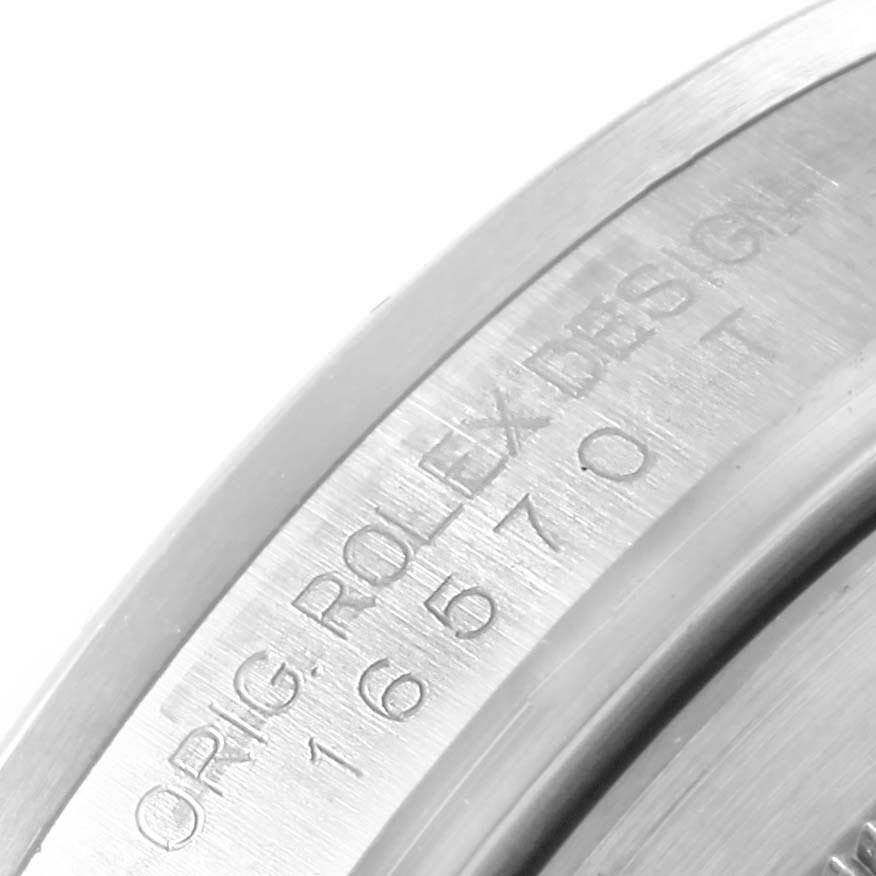 This image shows a close-up of the side of the Rolex Explorer 16570 Men's Stainless Steel Black Dial 16570 Men's Stainless Steel Black Dial watch case, highlighting the engraved model number.