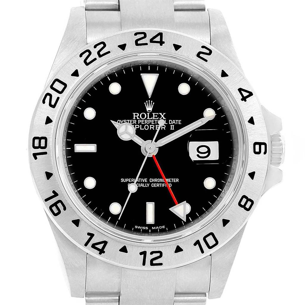 The image shows the front view of a Rolex Explorer 16570 Men's Stainless Steel Black Dial 16570 Men's Stainless Steel Black Dial watch, highlighting the dial, bezel, hands, and part of the bracelet.