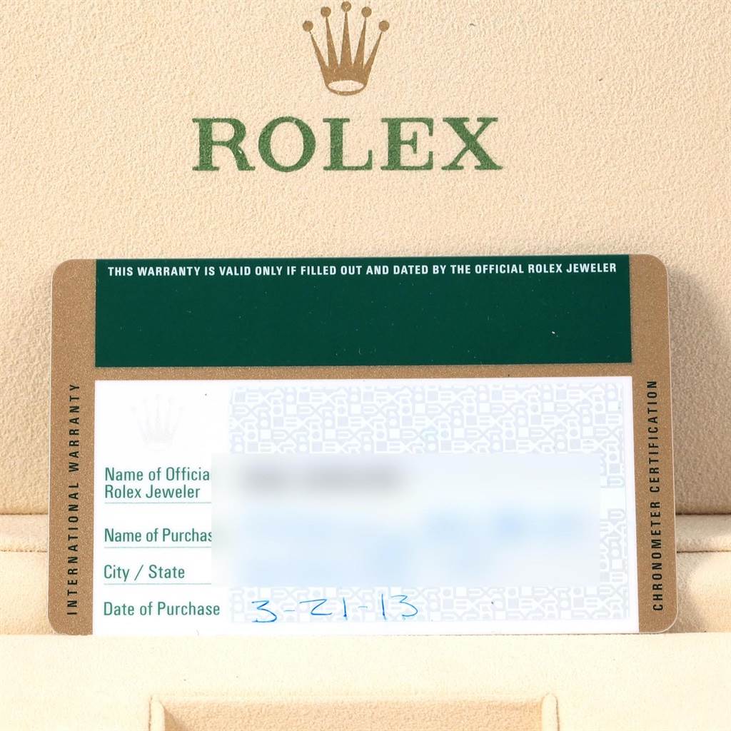 This image shows the warranty card for a Rolex Explorer 216570 Men's Stainless Steel White Dial 216570 Men's Stainless Steel White Dial watch.