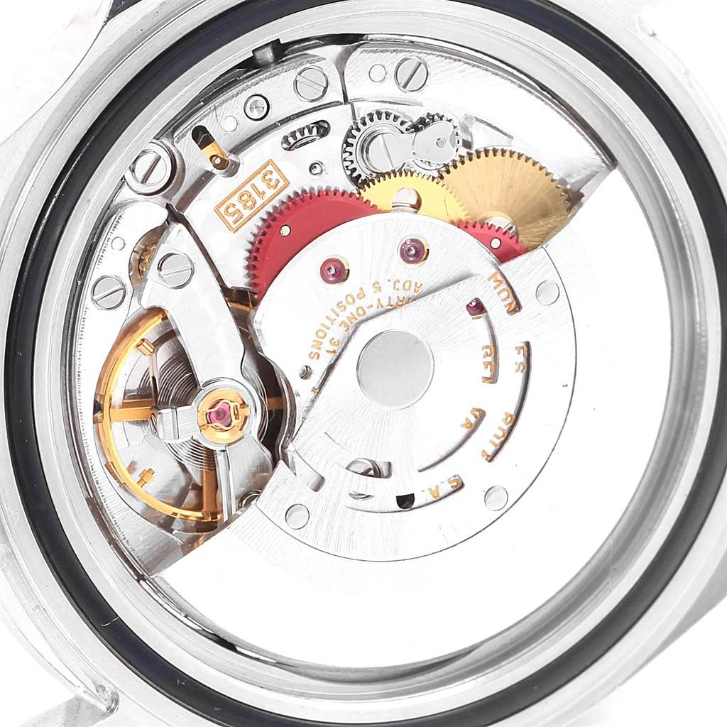 This image shows the internal mechanical movement and gears of a Rolex Explorer 16570 Men's Stainless Steel Black Dial 16570 Men's Stainless Steel Black Dial watch from a close-up angle.