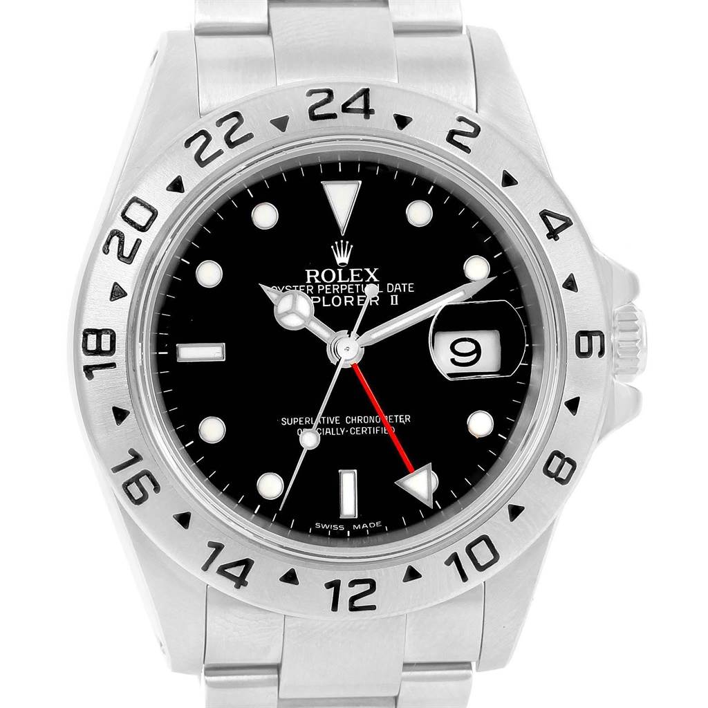 The Rolex Explorer 16570 Men's Stainless Steel Black Dial 16570 Men's Stainless Steel Black Dial watch model is shown from the front, displaying its dial, bezel, hands, and bracelet.