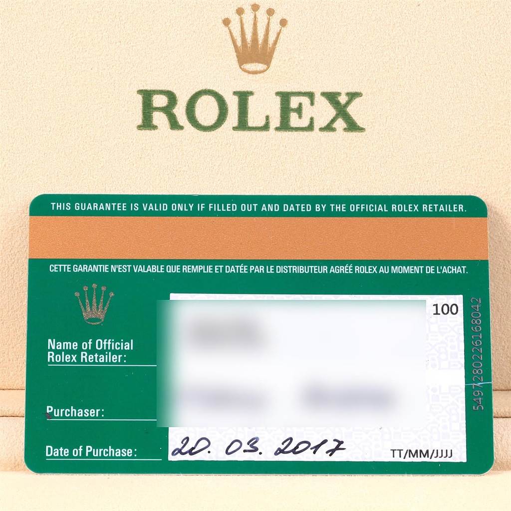 This image shows a warranty card for a Rolex Explorer 216570 Men's Stainless Steel White Dial 216570 Men's Stainless Steel White Dial watch, including details such as the retailer and purchase date.