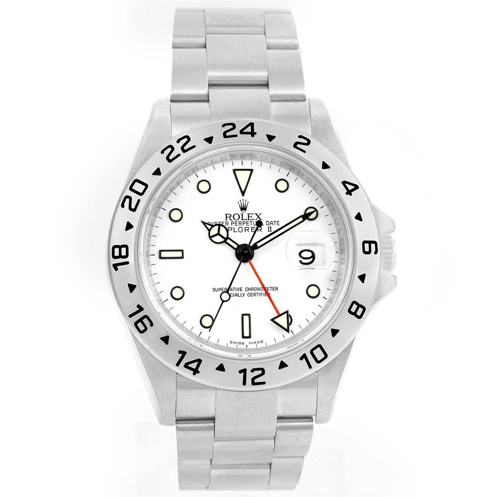 The image shows a front view of the Rolex Explorer 16570 Men's Stainless Steel White Dial 16570 Men's Stainless Steel White Dial watch, displaying the dial, bezel, and part of the bracelet.