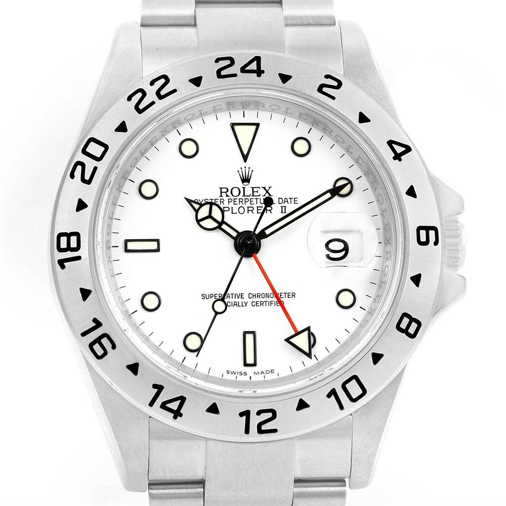 This image shows a frontal view of a Rolex Explorer 16570 Men's Stainless Steel White Dial 16570 Men's Stainless Steel White Dial watch, highlighting the dial, hour markers, and bezel.