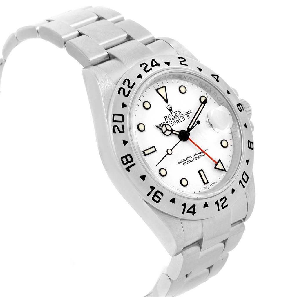 This image shows a tilted angle of the Rolex Explorer 16570 Men's Stainless Steel White Dial 16570 Men's Stainless Steel White Dial watch, focusing on the watch face, bezel, and bracelet.