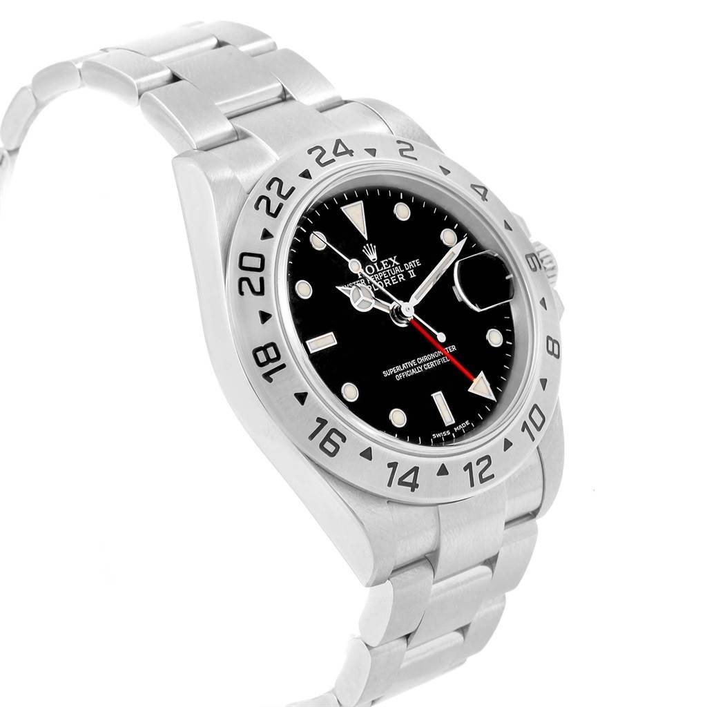 The Rolex Explorer 16570 Men's Stainless Steel Black Dial 16570 Men's Stainless Steel Black Dial watch is shown at an angle from the front and left side, highlighting the dial, bezel, and part of the bracelet.