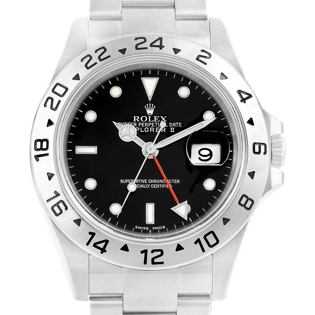 The image shows a front view of the Rolex Explorer 16570 Men's Stainless Steel Black Dial 16570 Men's Stainless Steel Black Dial watch, showcasing its dial, bezel, and bracelet.