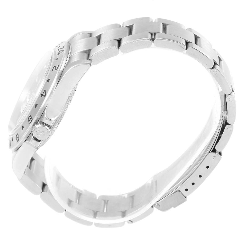 The image shows a side view of the Rolex Explorer 16570 Men's Stainless Steel Black Dial 16570 Men's Stainless Steel Black Dial watch, highlighting the bezel, crown, and bracelet.