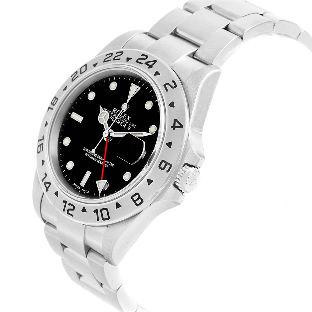The image shows a side angle of a Rolex Explorer 16570 Men's Stainless Steel Black Dial 16570 Men's Stainless Steel Black Dial watch depicting its dial, bezel, crown, and bracelet.