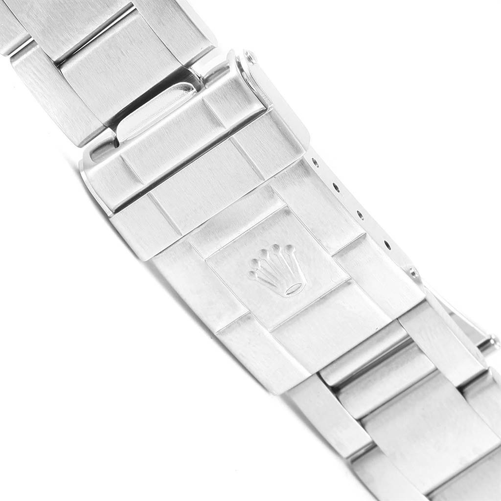 This image shows the clasp and part of the bracelet of the Rolex Explorer 16570 Men's Stainless Steel Black Dial 16570 Men's Stainless Steel Black Dial watch, featuring the Rolex crown logo.