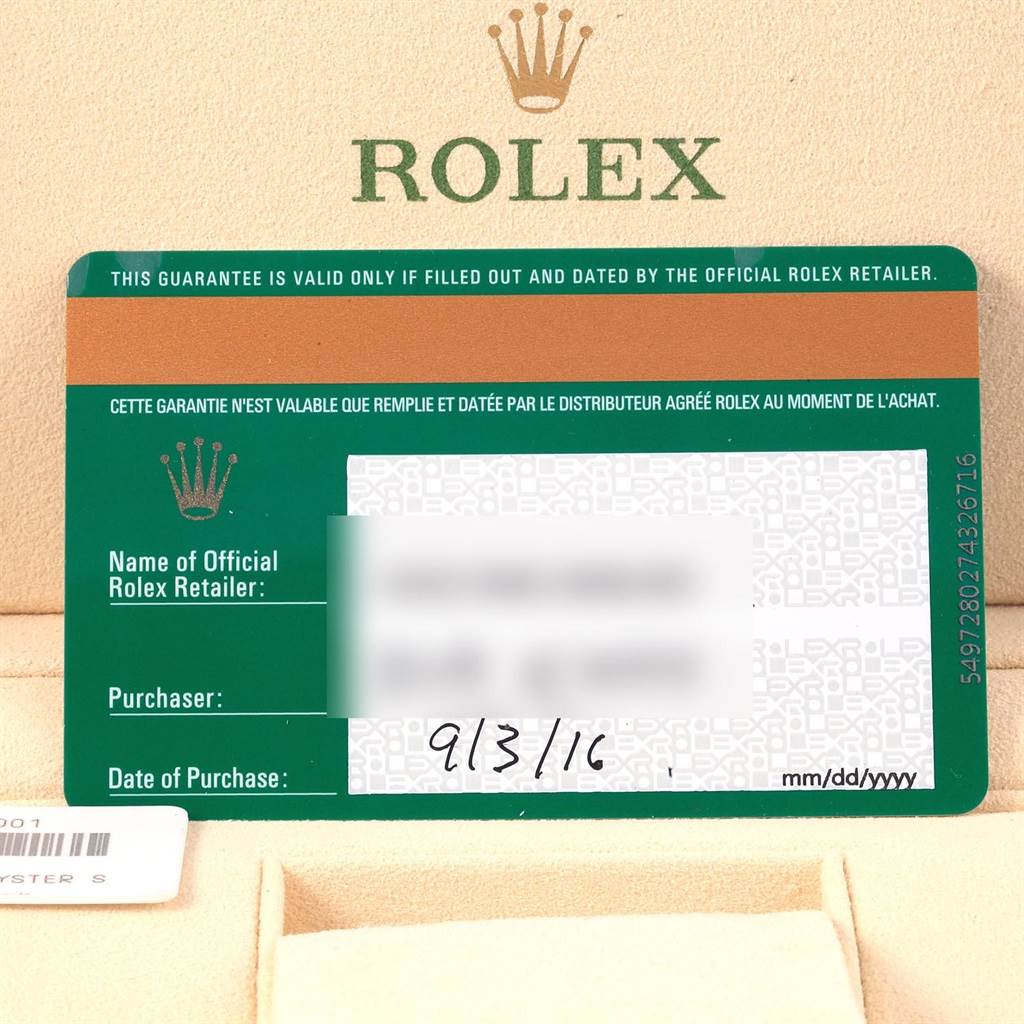 The image shows the warranty card of a Rolex Explorer 216570 Men's Stainless Steel White Dial 216570 Men's Stainless Steel White Dial watch, indicating purchase details with the Rolex logo prominently displayed.