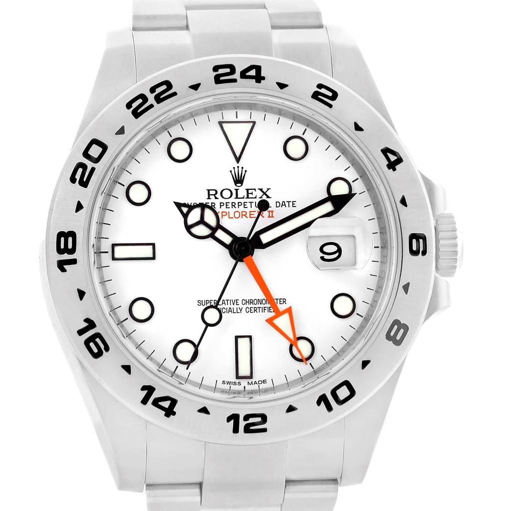 The image shows a front view of the Rolex Explorer 216570 Men's Stainless Steel White Dial 216570 Men's Stainless Steel White Dial watch, highlighting the dial, bezel, hands, bracelet, and crown.