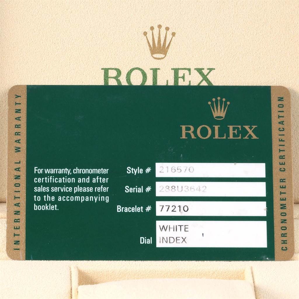 The image shows an international warranty card for a Rolex Explorer 216570 Men's Stainless Steel White Dial 216570 Men's Stainless Steel White Dial model, with details like style, serial, and bracelet numbers.