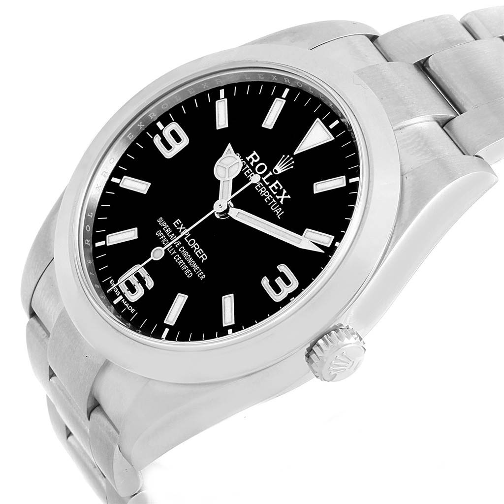 The image shows a close-up, angled view of the Rolex Explorer 214270 Men's Stainless Steel Black Dial 214270 Men's Stainless Steel Black Dial watch, highlighting the dial, bezel, crown, and part of the bracelet.