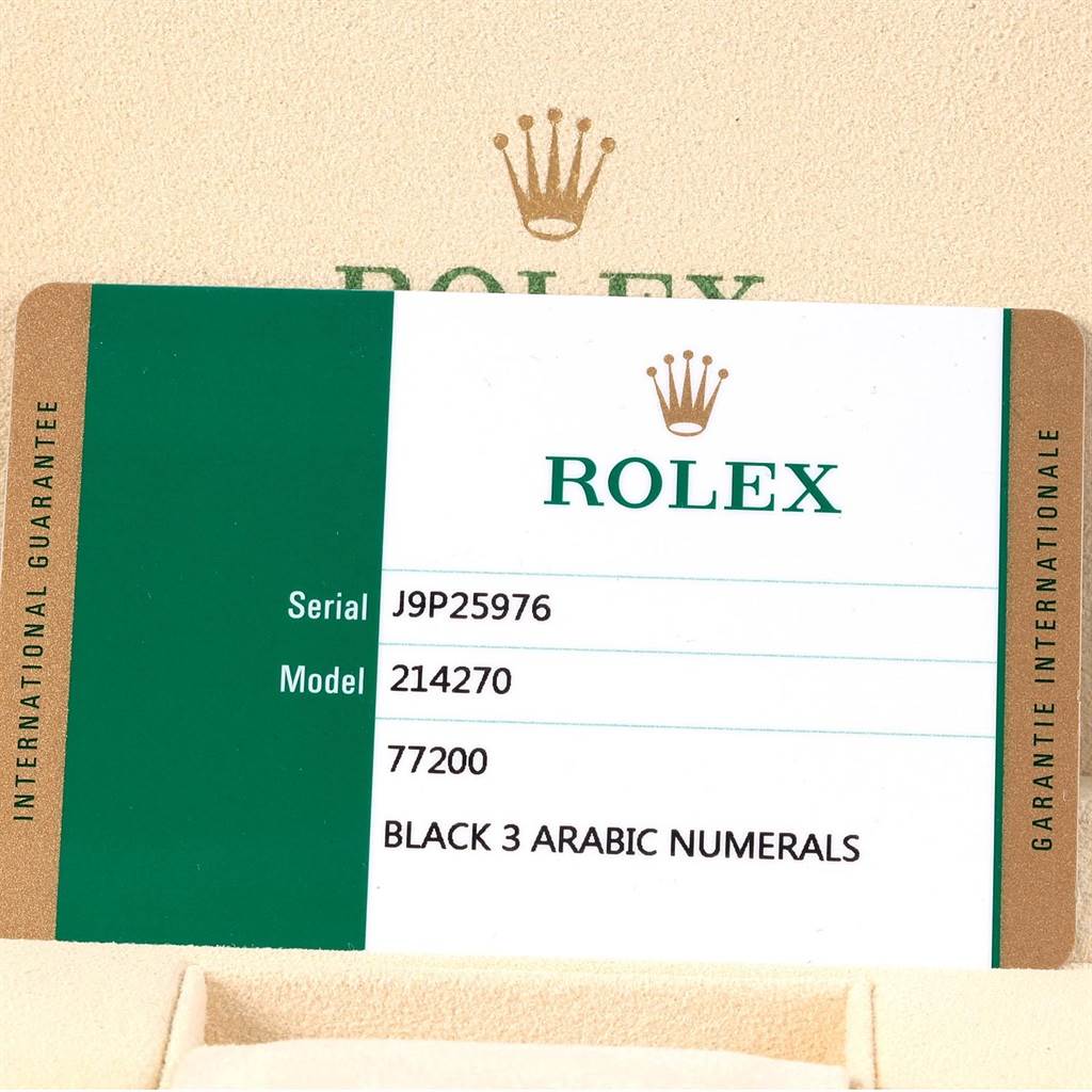 The image shows a serial and model card for the Rolex Explorer 214270 Men's Stainless Steel Black Dial 214270 Men's Stainless Steel Black Dial model 214270.