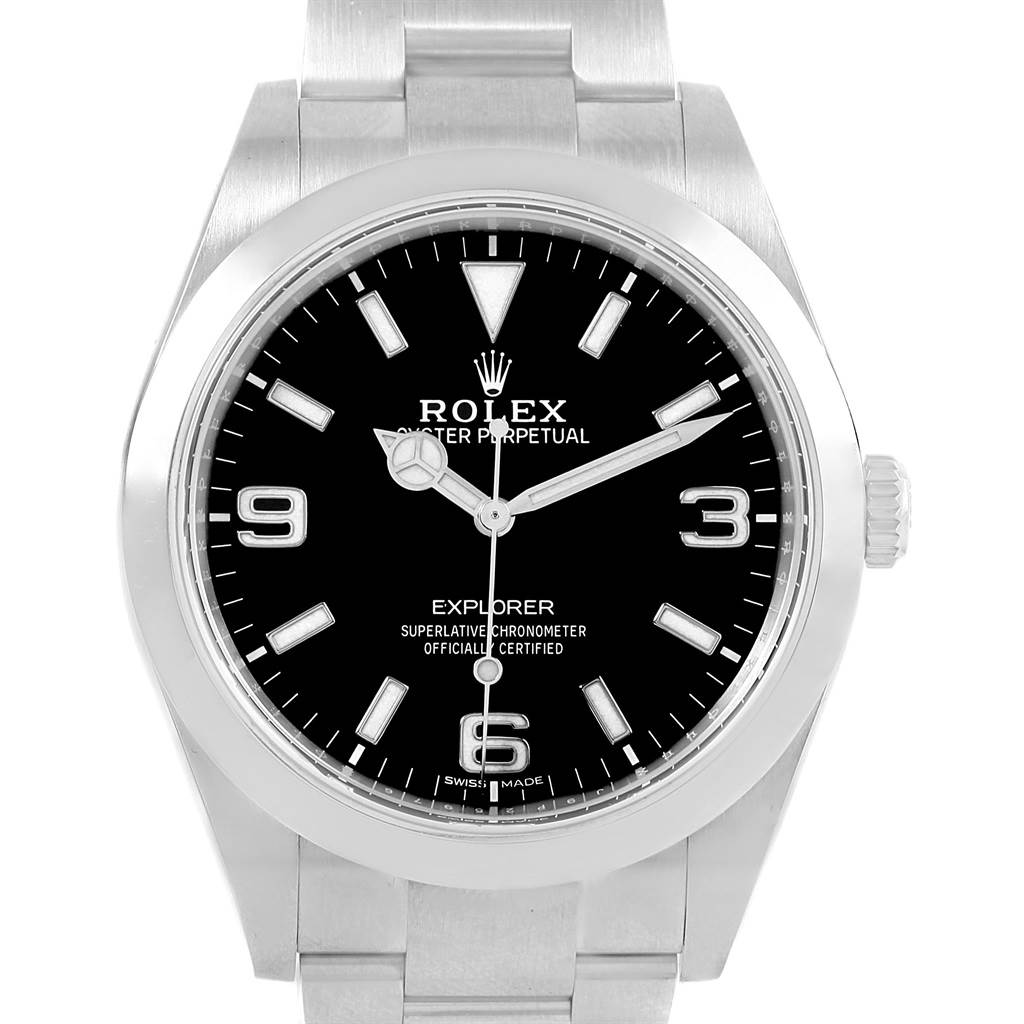 This image shows a front view of the Rolex Explorer 214270 Men's Stainless Steel Black Dial 214270 Men's Stainless Steel Black Dial watch, featuring its black dial, hour markers, and stainless steel bracelet.