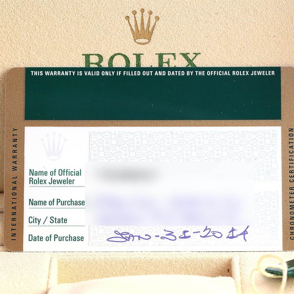 The image shows an international warranty card for a Rolex Explorer 216570 Men's Stainless Steel White Dial 216570 Men's Stainless Steel White Dial model watch.