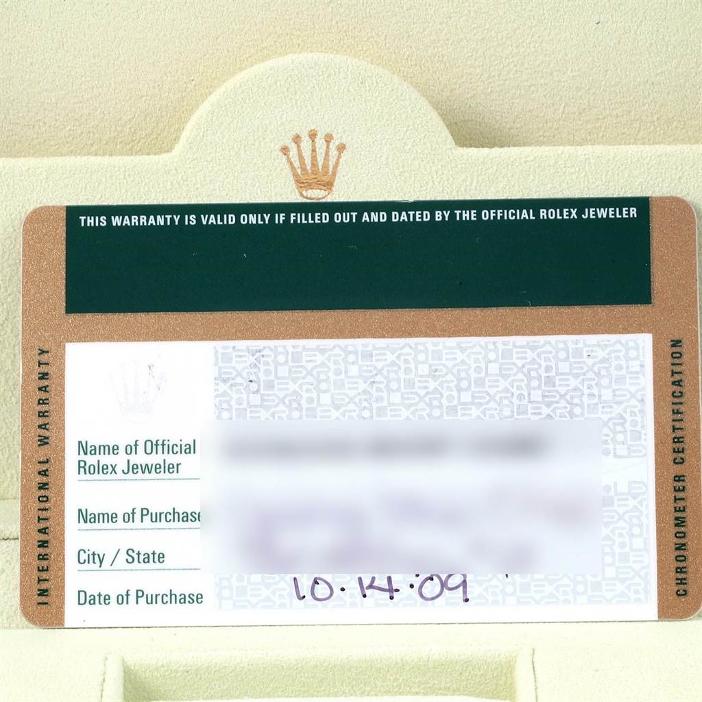 This image shows the warranty card for a Rolex Explorer 16570 Men's Stainless Steel Black Dial 16570 Men's Stainless Steel Black Dial watch.