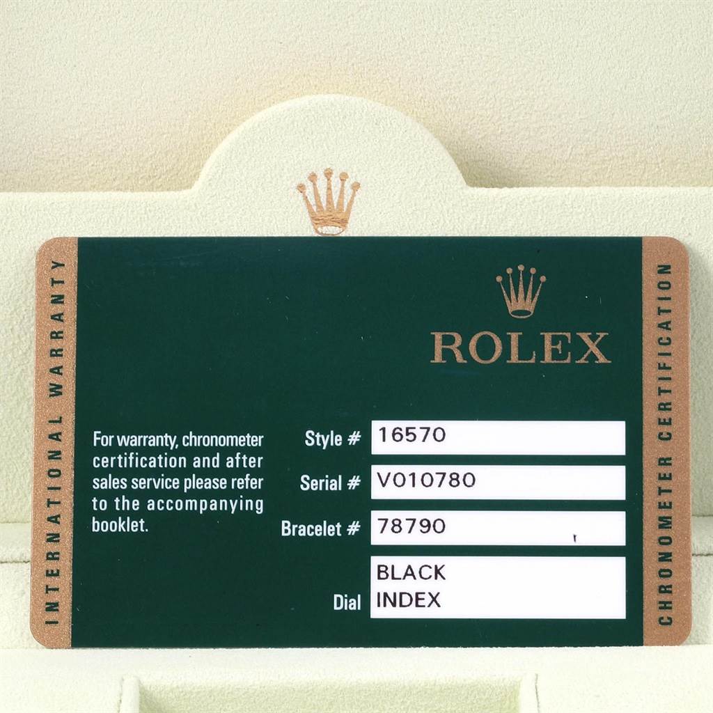 This image shows the warranty certificate for a Rolex Explorer 16570 Men's Stainless Steel Black Dial 16570 Men's Stainless Steel Black Dial model 16570, including style, serial, bracelet numbers, and dial type.