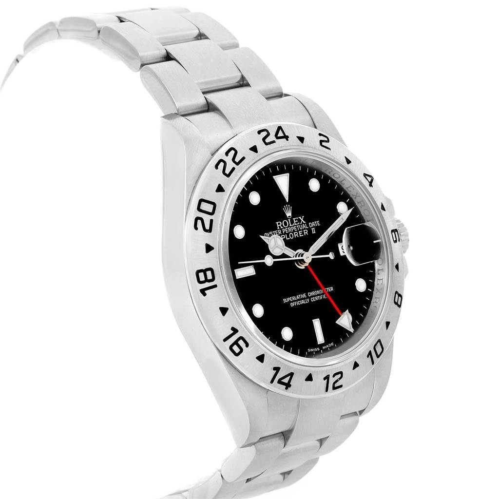 The image shows a side angle of the Rolex Explorer 16570 Men's Stainless Steel Black Dial 16570 Men's Stainless Steel Black Dial watch displaying its black dial, bezel, and metal bracelet.