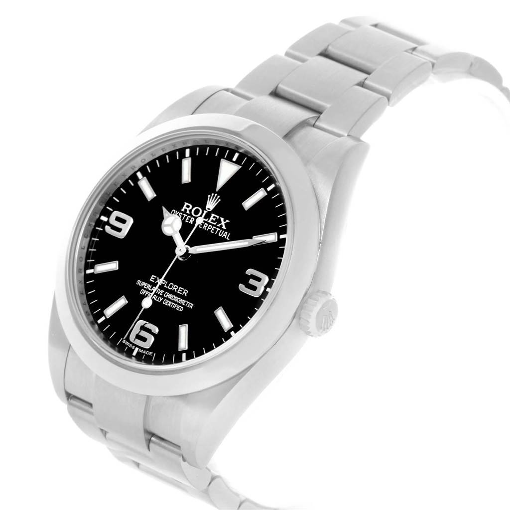 This image shows a Rolex Explorer 214270 Men's Stainless Steel Black Dial 214270 Men's Stainless Steel Black Dial watch at a three-quarter angle, displaying the face, bezel, crown, and bracelet.