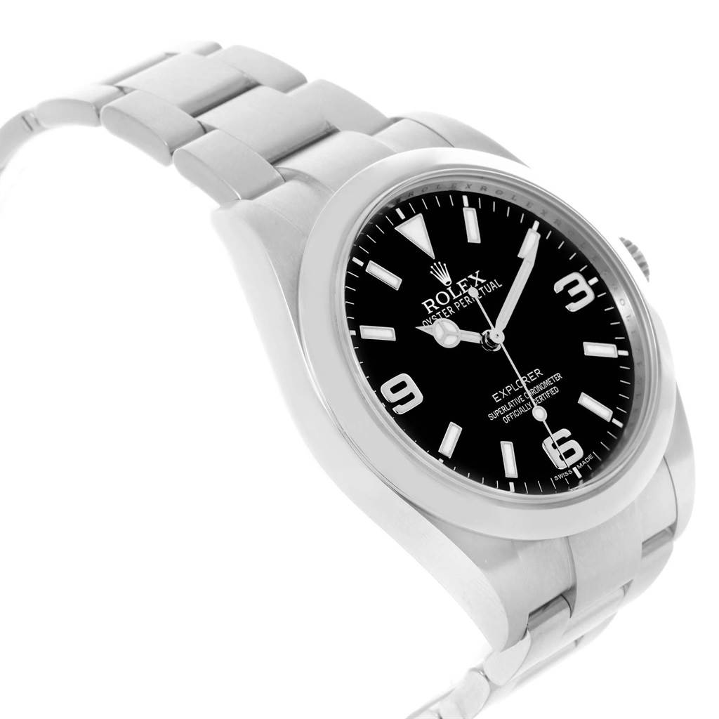 The image shows a side-angle view of the Rolex Explorer 214270 Men's Stainless Steel Black Dial 214270 Men's Stainless Steel Black Dial watch, highlighting its face, bezel, and part of the bracelet.