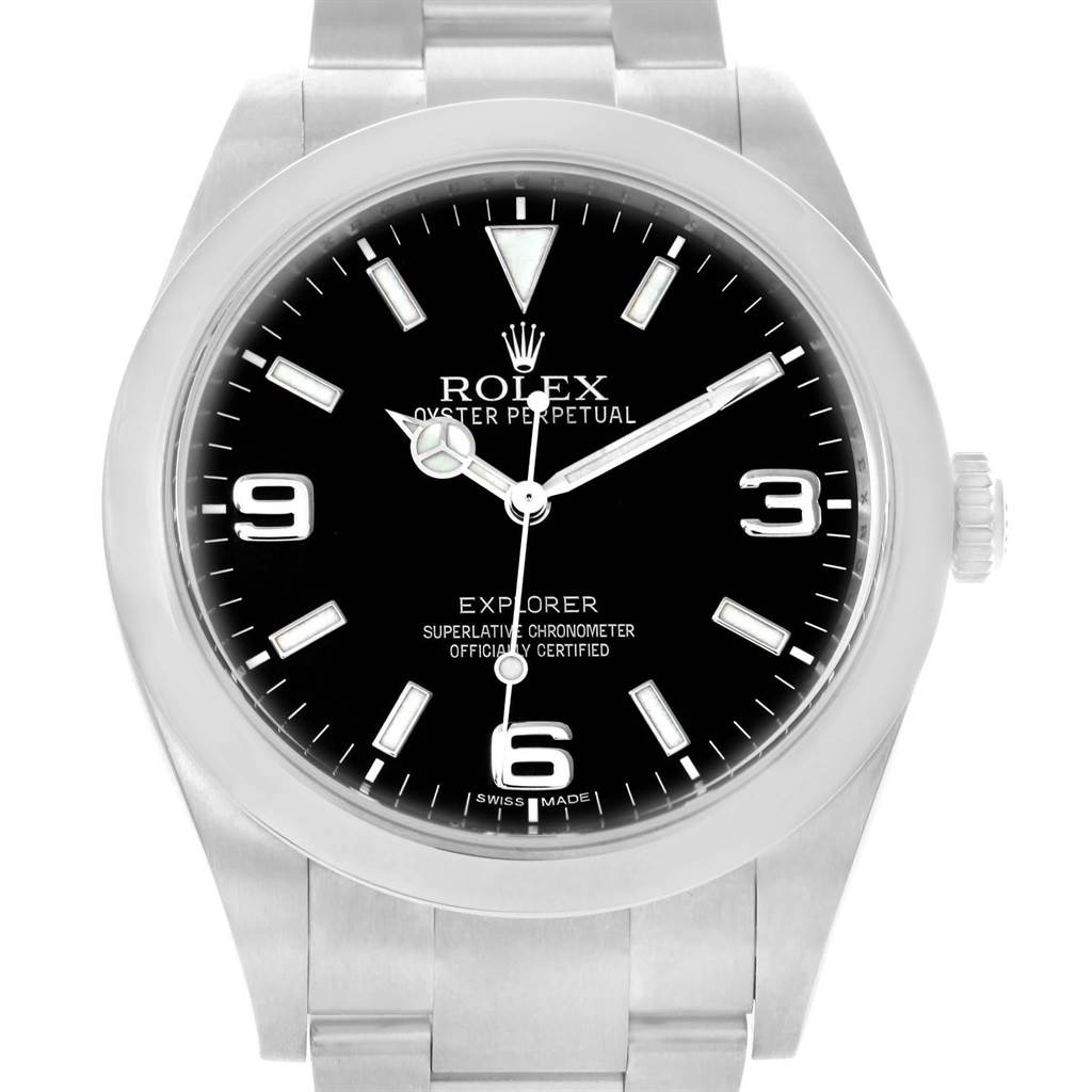 The image shows a face-on view of a Rolex Explorer 214270 Men's Stainless Steel Black Dial 214270 Men's Stainless Steel Black Dial watch, highlighting its dial, hands, and bracelet.