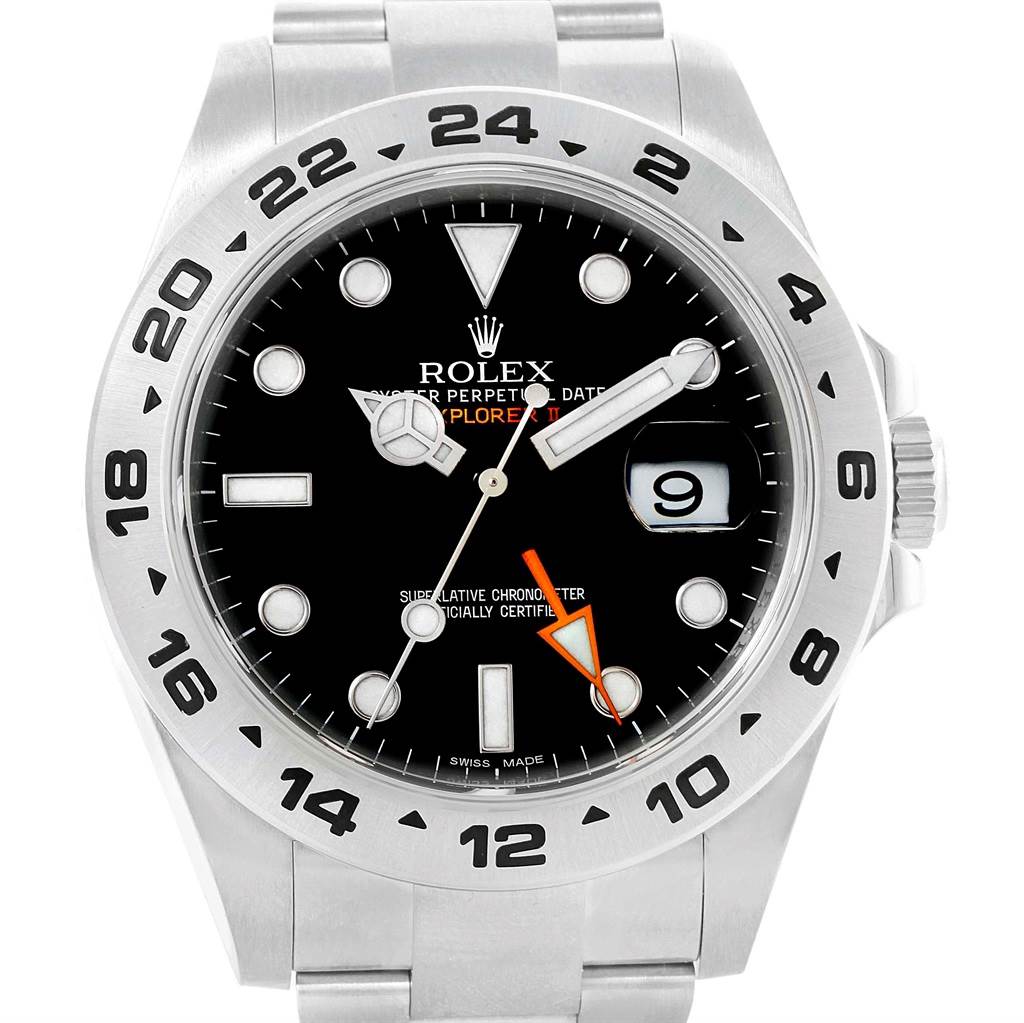 The image shows a front view of the Rolex Explorer 216570 Men's Stainless Steel Black Dial 216570 Men's Stainless Steel Black Dial watch, highlighting its black dial, date window, and bezel with 24-hour markings.