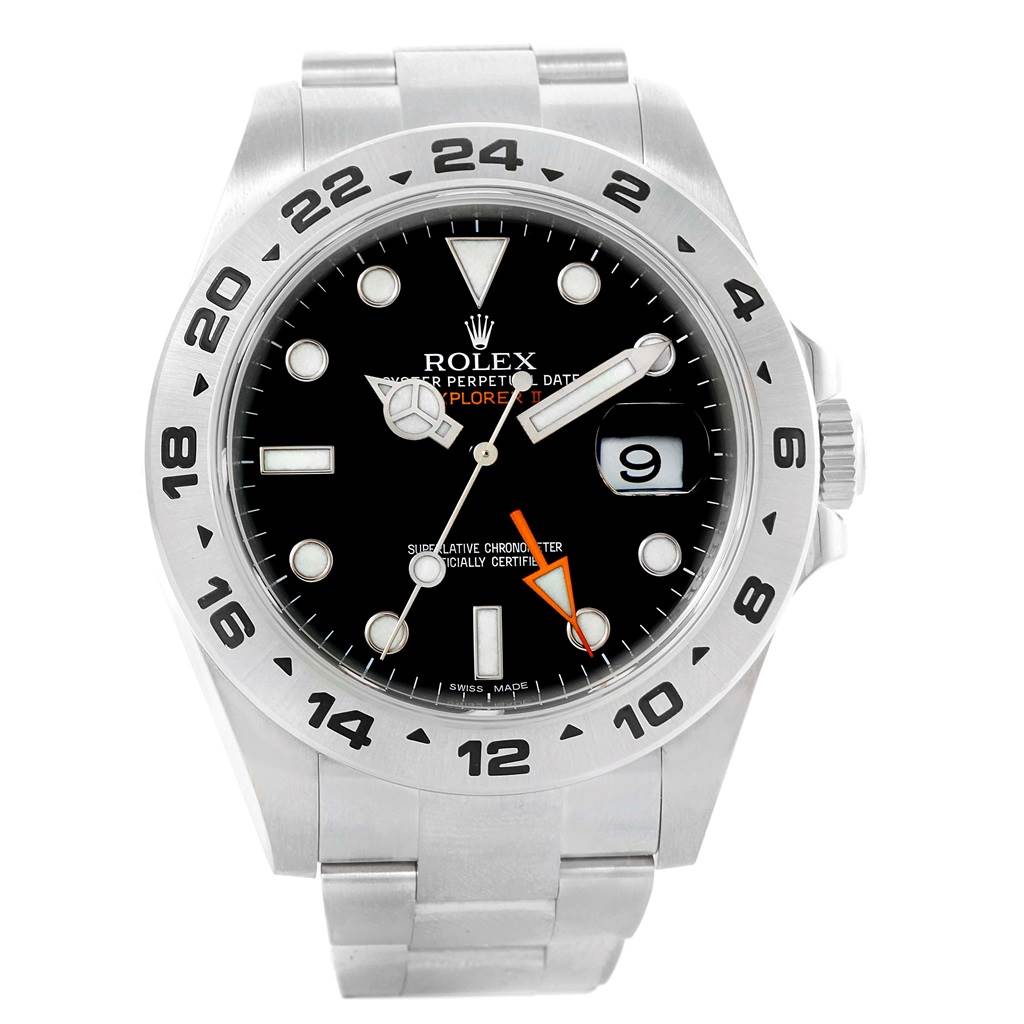 The image shows a front view of a Rolex Explorer 216570 Men's Stainless Steel Black Dial 216570 Men's Stainless Steel Black Dial watch, highlighting its black dial, date display, and stainless steel bracelet.