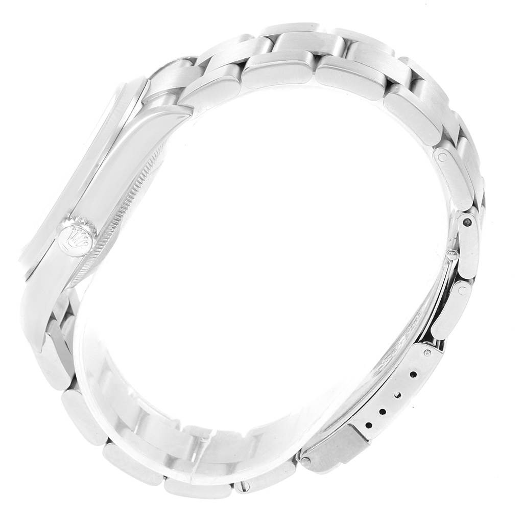 This image shows a side profile of the Rolex Explorer 114270 Men's Stainless Steel Black Dial 114270 Men's Stainless Steel Black Dial watch, focusing on the bracelet and clasp.